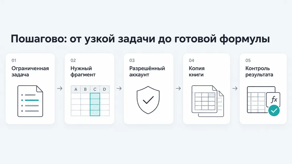 Пять шагов рабочего теста: узкая задача, фрагмент данных, аккаунт, копия книги и контроль результата.
