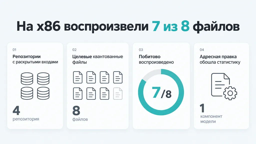 Четыре карточки показывают воспроизведение квантованных файлов при раскрытых входах и предел проверки.