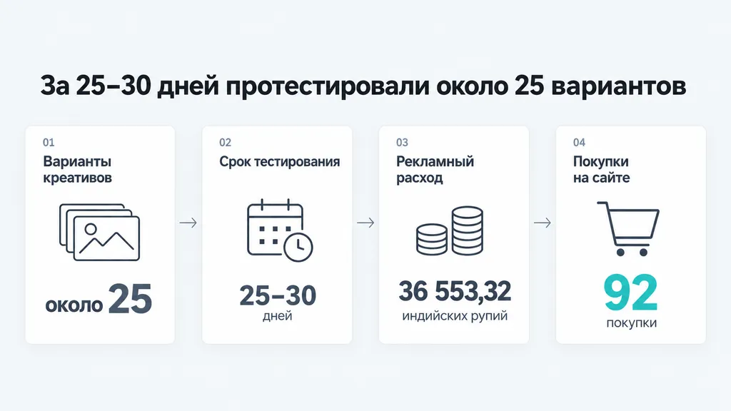 Лента рекламных вариантов и показатели теста: срок, расход и число покупок