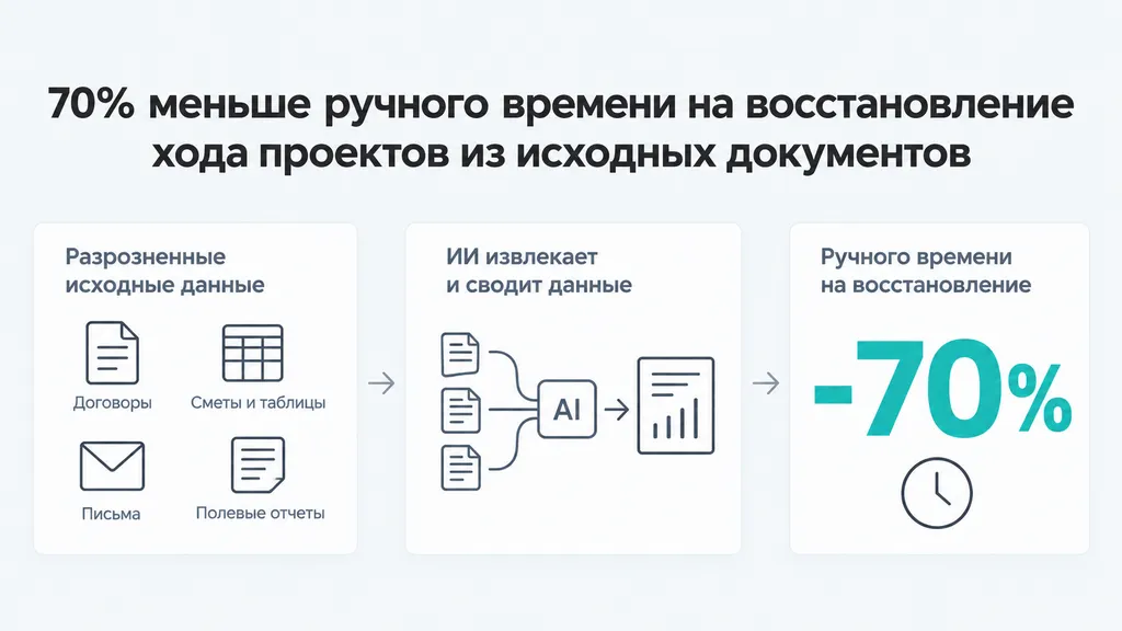 Схема: договоры, сметы, письма и полевые отчёты сводятся в данные о прогрессе; ручное время ниже на 70%.
