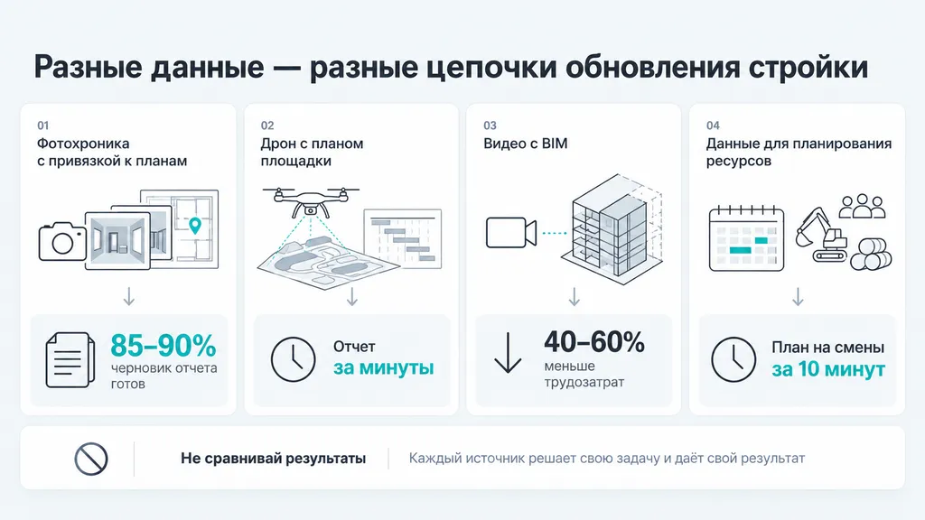 Четыре цепочки стройконтроля: фотохроника, дрон с планом, видео с BIM и планирование ресурсов.