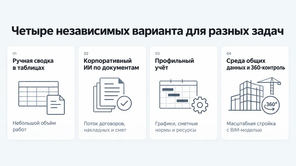 Четыре независимых варианта: таблицы, ИИ по документам, профильный учёт и среда общих данных с BIM.