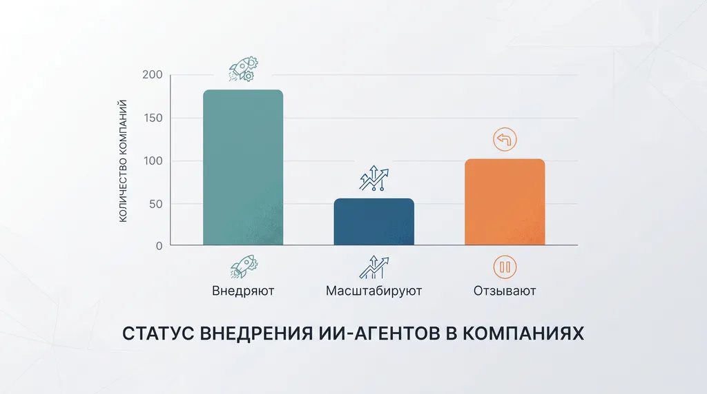 Диаграмма внедрения ИИ-агентов: столбцы высокой группы «Внедряют», низкой «Масштабируют» и средней «Отзывают» компании