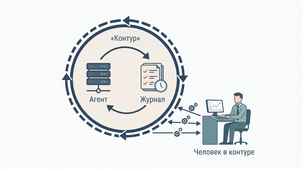 Схема изолированного контура: внутри агент и журнал действий, снаружи человек-контролёр со стрелками контроля