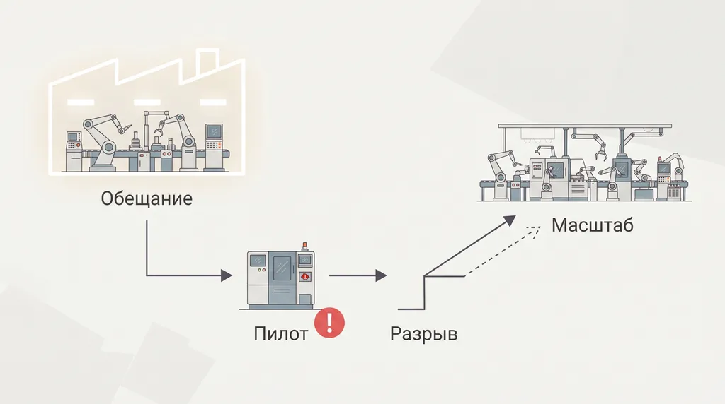 Схема: идеальный «цифровой завод» с подписью «Обещание», пилот со станком, ступенька-разрыв, пунктирный путь к «Масштабу»