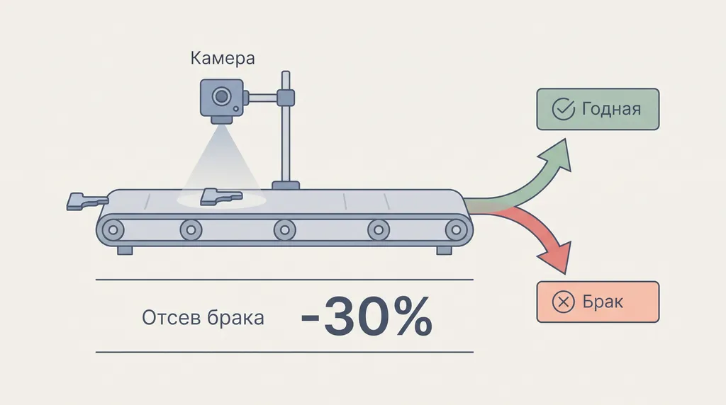 Контроль качества: камера сканирует деталь, стрелка к «Годной», к «Браку», внизу «Отсев брака −30%»