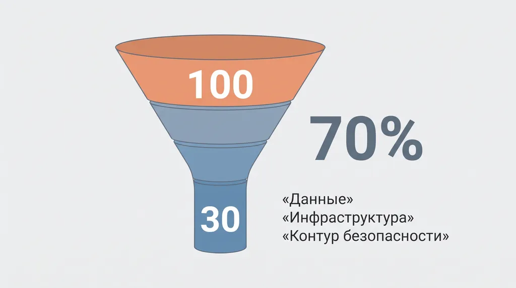 Воронка: из 100 экспериментов до промышленной эксплуатации доходят 30, рядом причины — данные, инфраструктура, безопасность