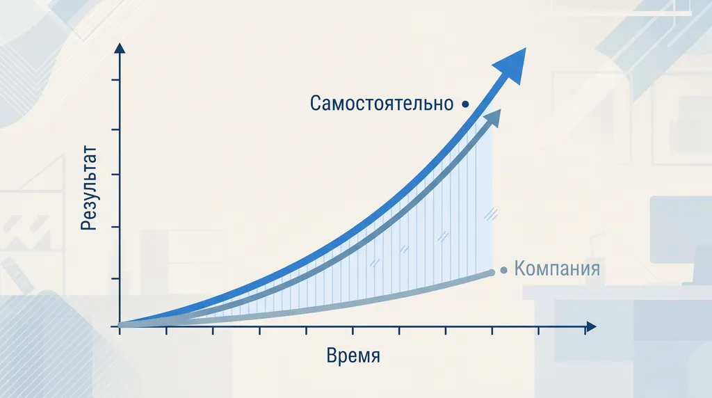 График двух кривых: крутая «Самостоятельно» ушла вперёд, пологая «Компания» отстаёт, зазор растёт
