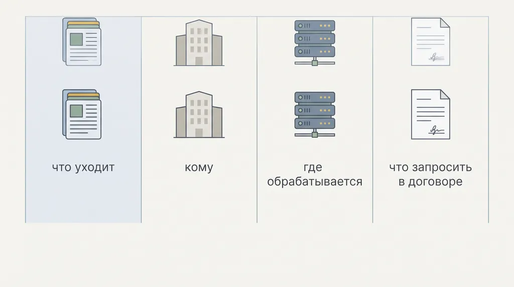 Четыре колонки помогают инвентаризировать состав данных, адресата, место обработки и договорный запрос