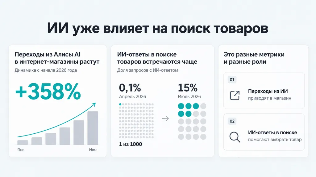 Переходы из Алисы AI выросли на 358%, тогда как доля ИИ-ответов измерена по запросам