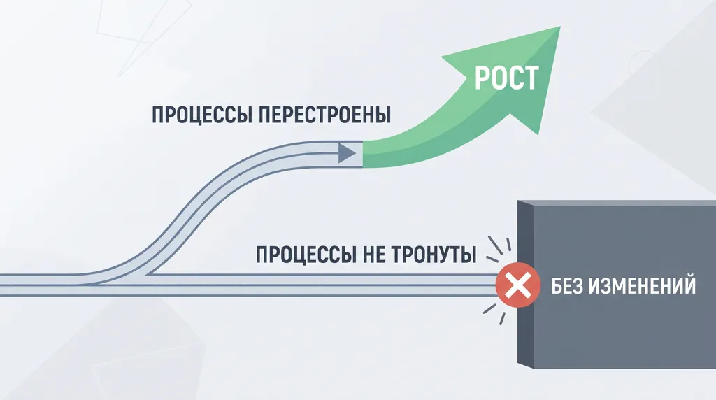 Развилка двух путей: перестроенные процессы ведут к росту, нетронутые упираются в стену без изменений