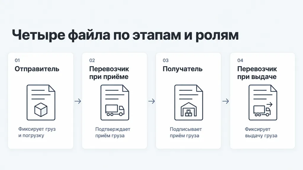 Четыре файла ЭТрН по ролям: отправитель, перевозчик при приёме, получатель и перевозчик при выдаче