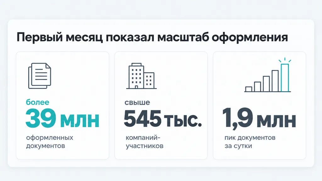 Более 39 млн оформленных документов, свыше 545 тыс. компаний-участников и суточный пик 1,9 млн документов
