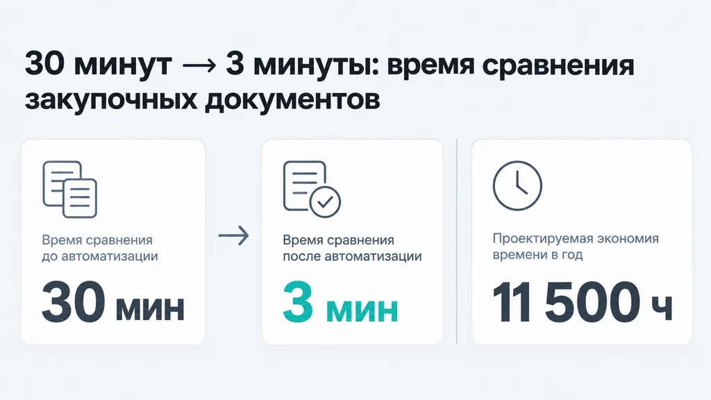 Сравнение времени сверки закупочных документов: 30 минут до автоматизации и 3 минуты после неё.