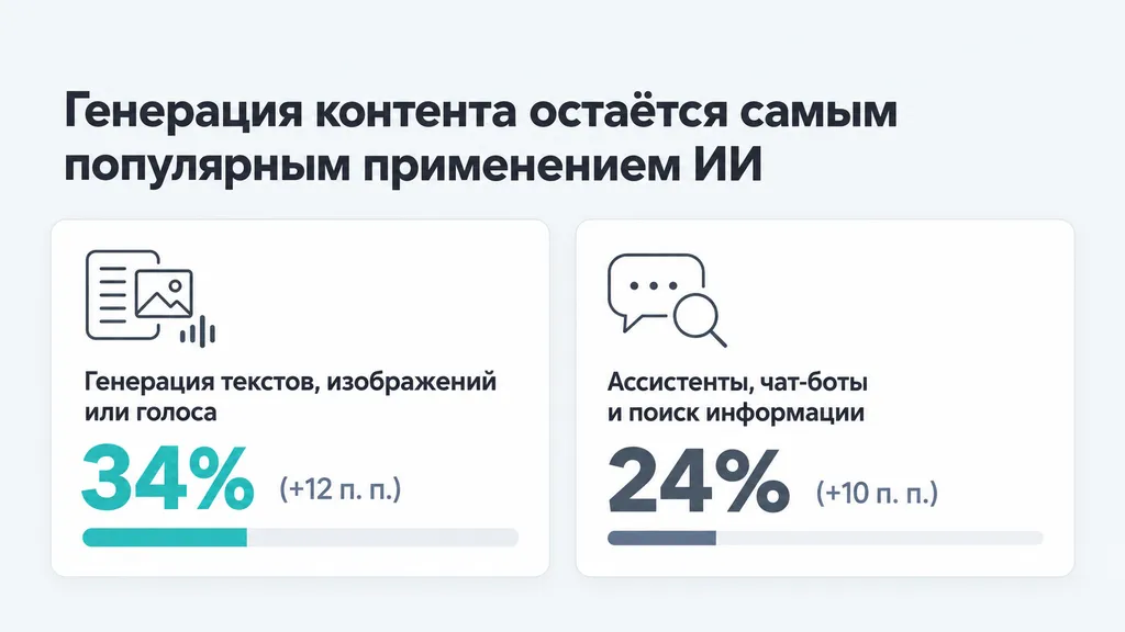 Динамика применения ИИ во Франции: генерация контента — 34%, ассистенты, чат-боты и поиск информации — 24%.