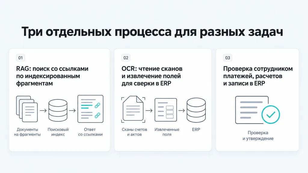 RAG-поиск по документам, OCR-извлечение полей для сверки в ERP и проверка финансовых решений сотрудником.