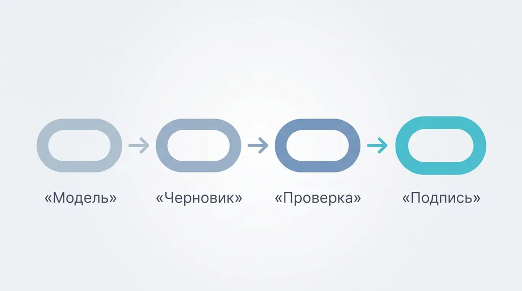 Схема цепочки из четырёх звеньев: модель, черновик, проверка и подпись, выделено последнее звено