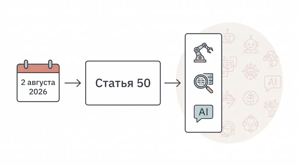 Схема связывает 2 августа 2026 года со статьёй 50 и выделяет отдельные ИИ-сценарии, а не весь искусственный интеллект.