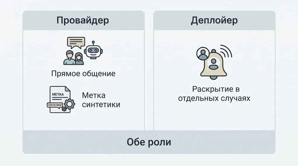 Схема сопоставляет прямое общение и машинную метку синтетики у провайдера с раскрытием деплойера в отдельных случаях.