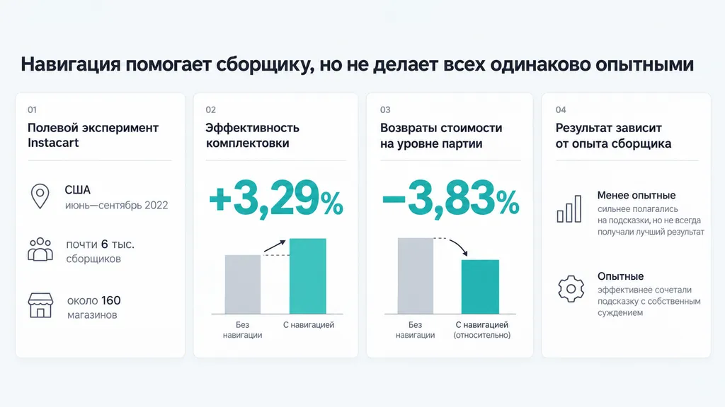 Инфографика об эксперименте Instacart: два результата комплектовки и различия пользы навигации по опыту сборщика.