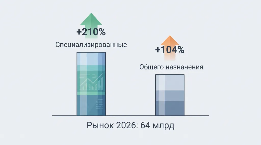 Схема рынка моделей: столбец «Специализированные» с ростом +210% и столбец «Общего назначения» с +104%